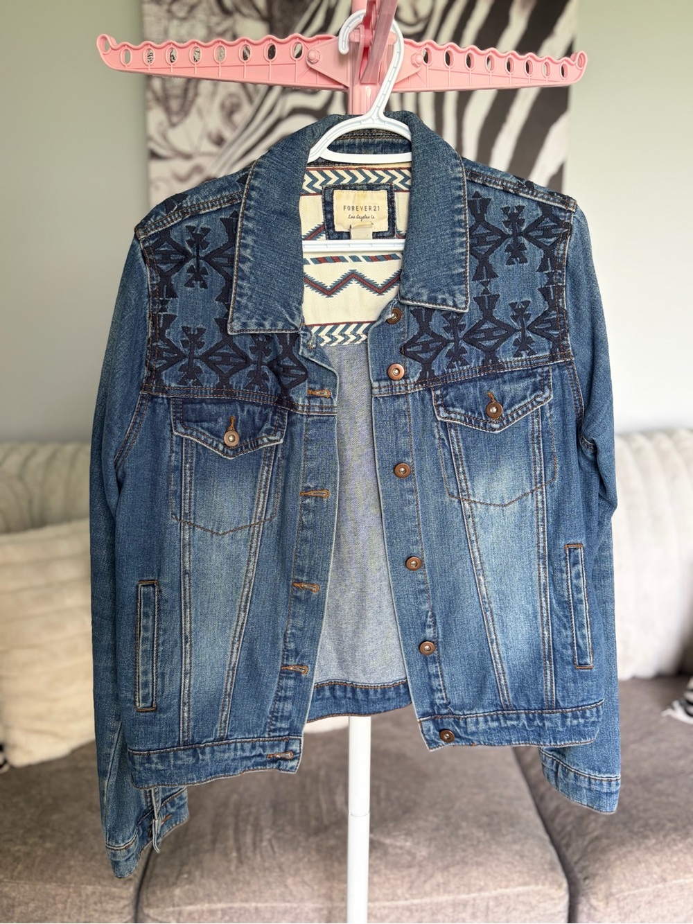 Forever 21 Medium Blue Denim Jacket with Navy Embroidered Yoke